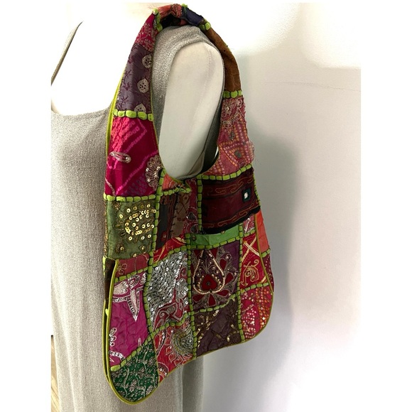 🆕 Boho Multicoloured Patchwork w/Mirror Hobo Shoulder Bag Cotton Made in India - Picture 4 of 16